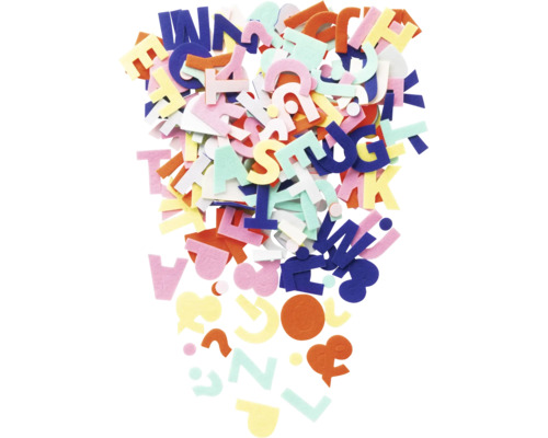 Buchstaben und Symbole aus Moosgummi in verschiedenen Farben zum Basteln.
