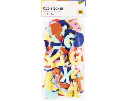folia BRINGMANN Logo. Packung mit 190 bunten Filz-Stickern in Form von Buchstaben zum Basteln.