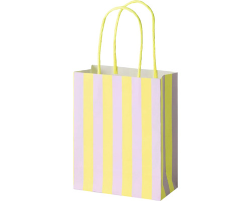 Gelb-lila gestreifte Geschenktüte aus Papier mit zwei Tragegriffen.