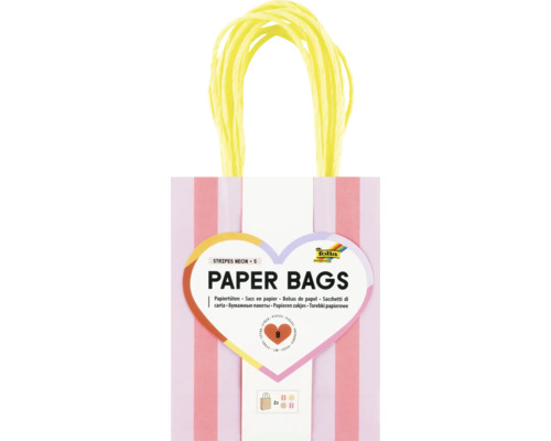 8 gestreifte Papiertüten von Folia Bringmann in Größe S mit gedrehten Tragegriffen.