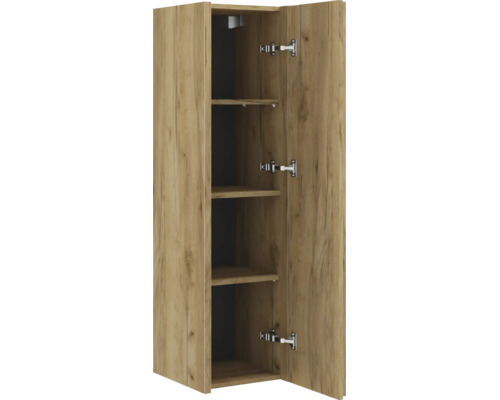 Geöffneter Hängeschrank in Holzoptik mit drei Einlegeböden und sichtbaren Scharnieren an der Tür.