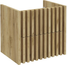 Waschtischunterschrank in Holzoptik mit moderner Lamellenfront und zwei Schubladen für das Badezimmer.