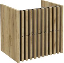Waschtischunterschrank in Holzoptik Eiche mit modernen vertikalen Holzlamellen an der Front, ohne Waschbecken.