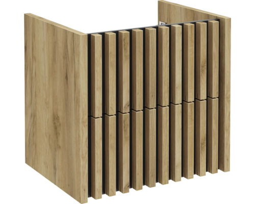 Waschtischunterschrank in Holzoptik Eiche mit modernen vertikalen Holzlamellen an der Front, ohne Waschbecken.