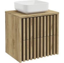Waschtischunterschrank aus Holz mit Lamellenfront und Aufsatzwaschbecken.