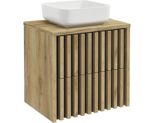 Waschtischunterschrank aus Holz mit Lamellenfront und Aufsatzwaschbecken.