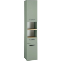Badhochschrank in Grün mit zwei offenen Fächern, Holzböden und schwarzen Griffen.
