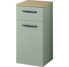 Bad-Seitenschrank mit einer Schublade und einer Tür, Salbeigrün mit Holzoptik-Abdeckung und zwei schwarzen Griffen.