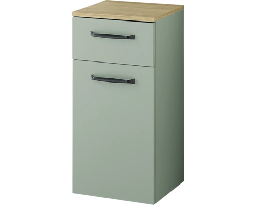 Bad-Seitenschrank mit einer Schublade und einer Tür, Salbeigrün mit Holzoptik-Abdeckung und zwei schwarzen Griffen.