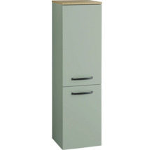 Grüner Badezimmer-Hochschrank mit zwei Türen, schwarzen Griffen und Oberplatte in Eiche-Optik.