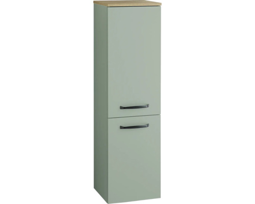 Grüner Badezimmer-Hochschrank mit zwei Türen, schwarzen Griffen und Oberplatte in Eiche-Optik.