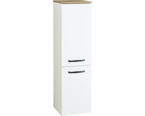 Weißer Badezimmer-Hochschrank mit zwei Türen, schwarzen Griffen und oberer Abdeckung in Holzoptik.