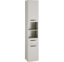 Badezimmer-Hochschrank mit einer Tür oben, offenem Fach mit zwei Regalböden, einer Schublade und einer Tür unten, hellgrau.