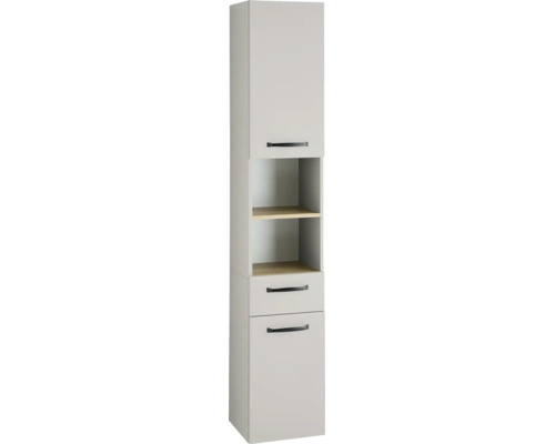 Badezimmer-Hochschrank mit einer Tür oben, offenem Fach mit zwei Regalböden, einer Schublade und einer Tür unten, hellgrau.