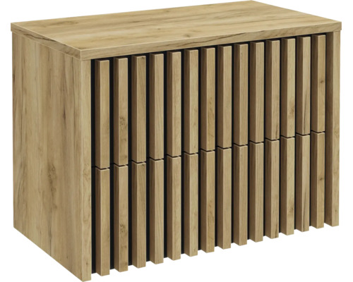 Kommode aus Holz mit einer modernen Front aus vertikalen Holzlamellen.