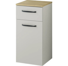 Küchen-Unterschrank in Grau mit einer Schublade, einer Tür, schwarzen Griffen und Arbeitsplatte in Eiche-Optik.