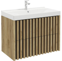 Waschtischunterschrank in Holzoptik mit Lamellen-Front, inklusive Waschbecken und Armatur.