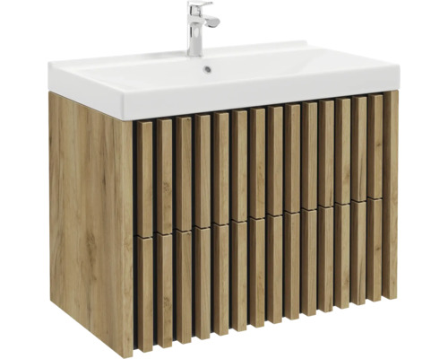 Waschtischunterschrank in Holzoptik mit Lamellen-Front, inklusive Waschbecken und Armatur.