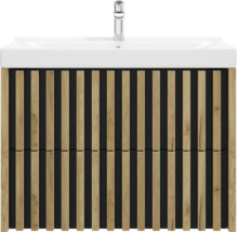 Waschtischunterschrank mit Holzlamellen und Keramikwaschbecken inklusive Armatur