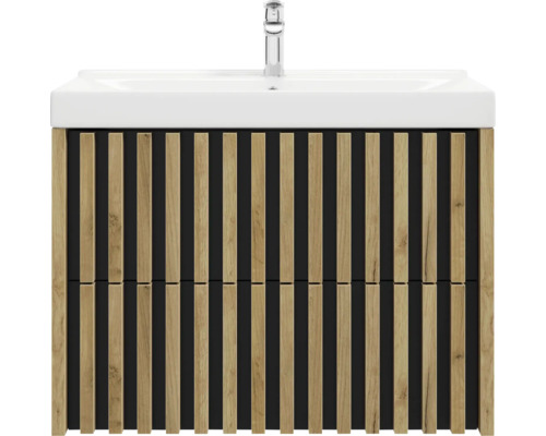Waschtischunterschrank mit Holzlamellen und Keramikwaschbecken inklusive Armatur