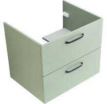Grüner Waschtischunterschrank mit zwei Schubladen und schwarzen Griffen.