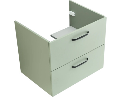 Grüner Waschtischunterschrank mit zwei Schubladen und schwarzen Griffen.