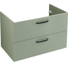 Grüner Waschtischunterschrank mit zwei Schubladen und schwarzen Griffen.