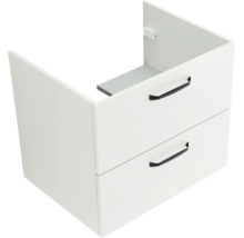 Waschbeckenunterschrank mit zwei Schubladen und schwarzen Griffen.