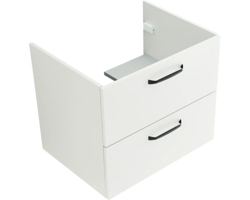 Waschbeckenunterschrank mit zwei Schubladen und schwarzen Griffen.