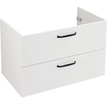 Weißer Waschbeckenunterschrank mit zwei Schubladen und schwarzen Griffen.