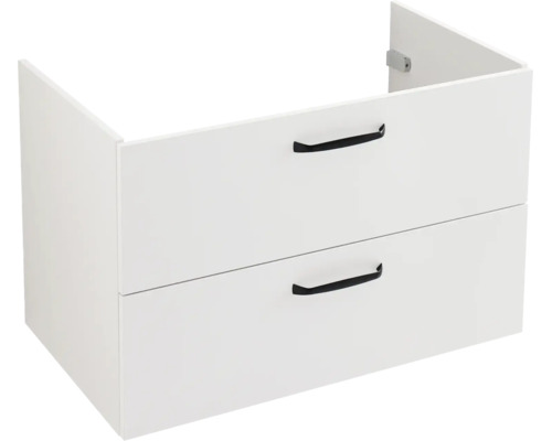 Weißer Waschbeckenunterschrank mit zwei Schubladen und schwarzen Griffen.