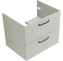 Waschbeckenunterschrank mit zwei Schubladen und schwarzen Griffen.