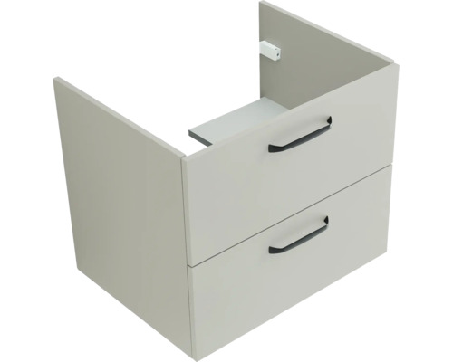 Waschbeckenunterschrank mit zwei Schubladen und schwarzen Griffen.