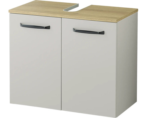 Waschtischunterschrank mit zwei Türen, schwarzen Griffen und einer Oberseite in Holzoptik mit Siphonausschnitt.