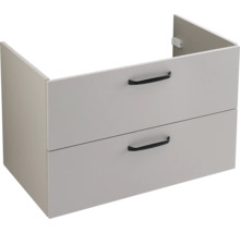 Waschbeckenunterschrank mit zwei Schubladen und schwarzen Griffen.