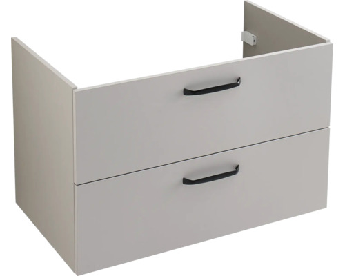 Waschbeckenunterschrank mit zwei Schubladen und schwarzen Griffen.