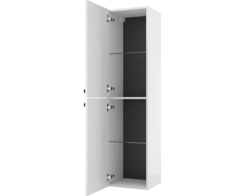 Moderner, geöffneter Badezimmer-Hochschrank in Weiß mit anthrazitfarbener Rückwand und Einlegeböden aus Glas.