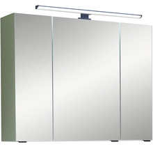 Badezimmer Spiegelschrank mit drei Türen und LED Beleuchtung oben.