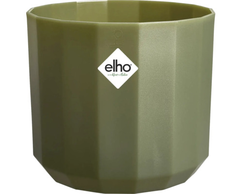 Grüner, facettierter Blumentopf aus Kunststoff, Elho Logo.