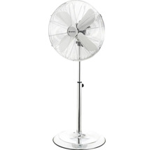 Höhenverstellbarer Standventilator aus Metall mit rundem Standfuß und Schutzgitter.