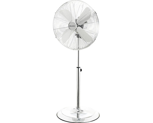 Höhenverstellbarer Standventilator aus Metall mit rundem Standfuß und Schutzgitter.