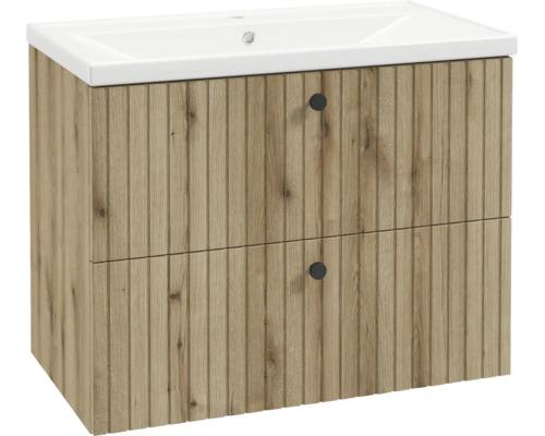 Waschtischunterschrank in Holzoptik mit Lamellenstruktur, zwei Schubladen mit schwarzen Knöpfen und weißem Keramik-Waschbecken.
