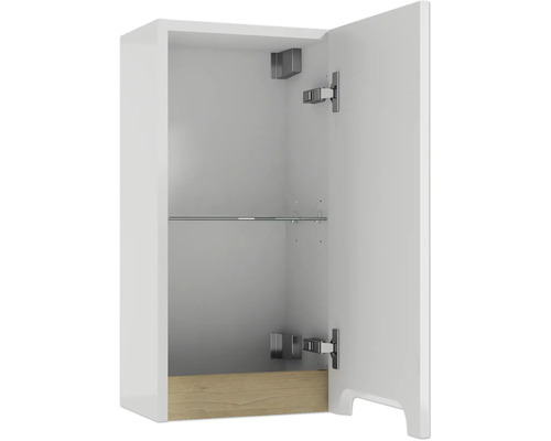 Geöffneter Badezimmer-Hängeschrank in Weiß mit einem Glaseinlegeboden und unterem Abschluss in Holzoptik.