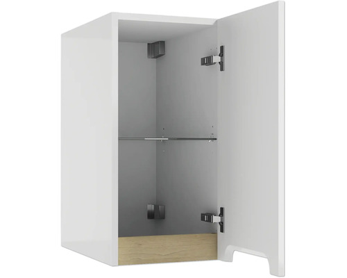 Weißer Bad-Hängeschrank mit geöffneter Tür, einem Glaseinlegeboden und einer Holzoptik-Leiste unten.