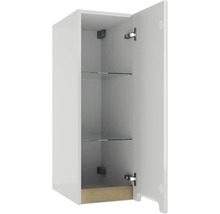 Badezimmer-Hängeschrank in Weiß mit geöffneter Tür, zwei Glaseinlegeböden und Holzdetail unten.