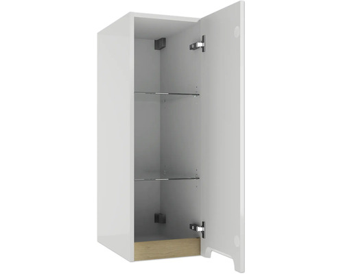 Badezimmer-Hängeschrank in Weiß mit geöffneter Tür, zwei Glaseinlegeböden und Holzdetail unten.