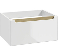 Weißer Waschtischunterschrank mit einem Auszug und einer Griffmulde in Holzoptik.
