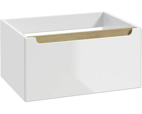 Weißer Waschtischunterschrank mit einem Auszug und einer Griffmulde in Holzoptik.
