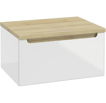 Waschtischunterschrank mit einer Schublade, weißer Front und einer Abdeckplatte in Eiche-Optik.