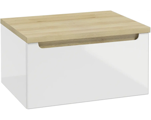 Waschtischunterschrank mit einer Schublade, weißer Front und einer Abdeckplatte in Eiche-Optik.